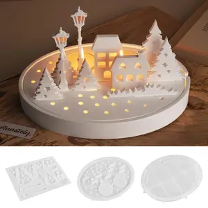 Silicone Candle Holder Mold Kit, DIY Hollow Street Scene with Houses and Trees, Resin Craft Mold for Epoxy, Cement, Festive Night Light Decor