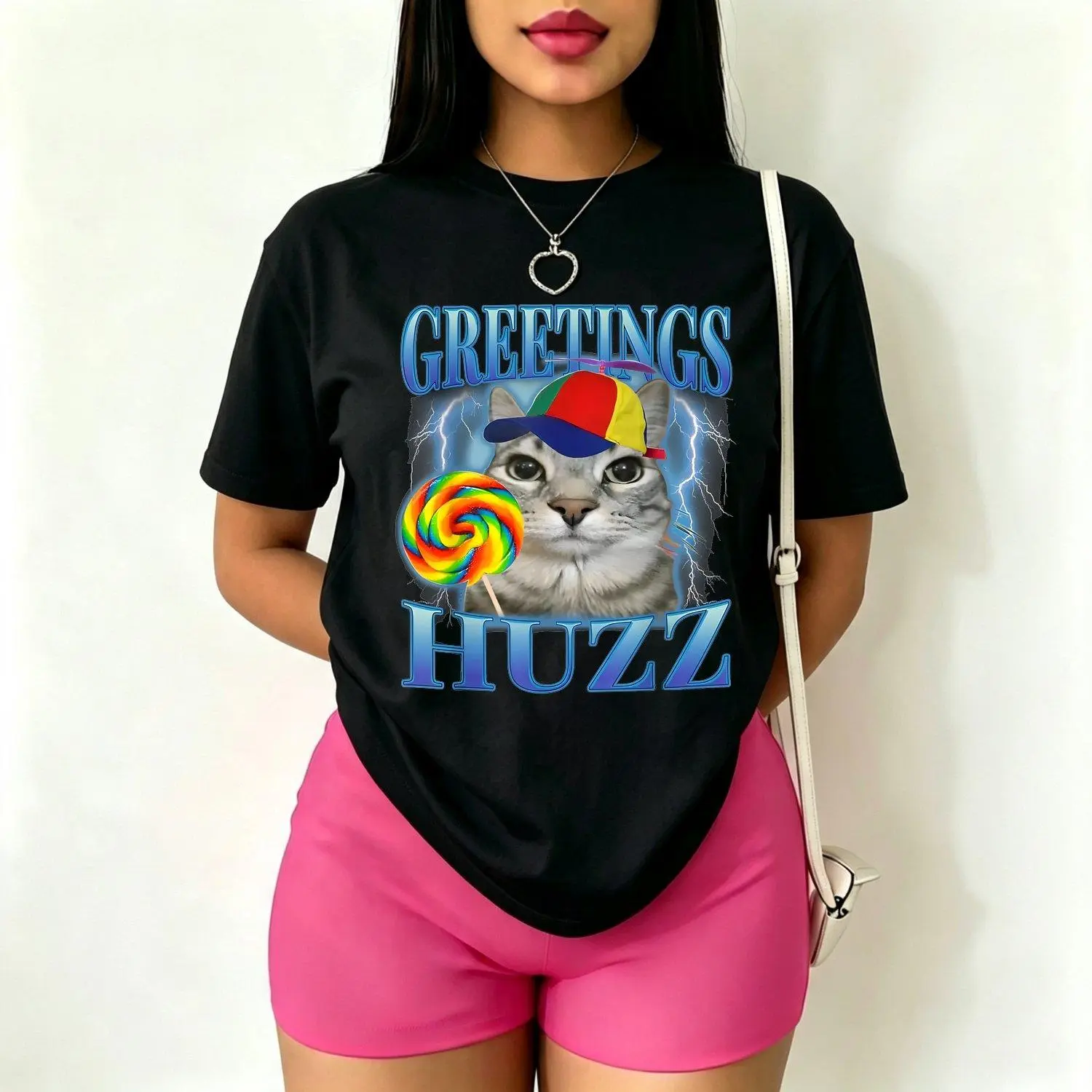 Lollipop Cat Meme Greetings Huzz Funny Silly Cats Brainrot Women's T shirts Casual Graphic Tee Top