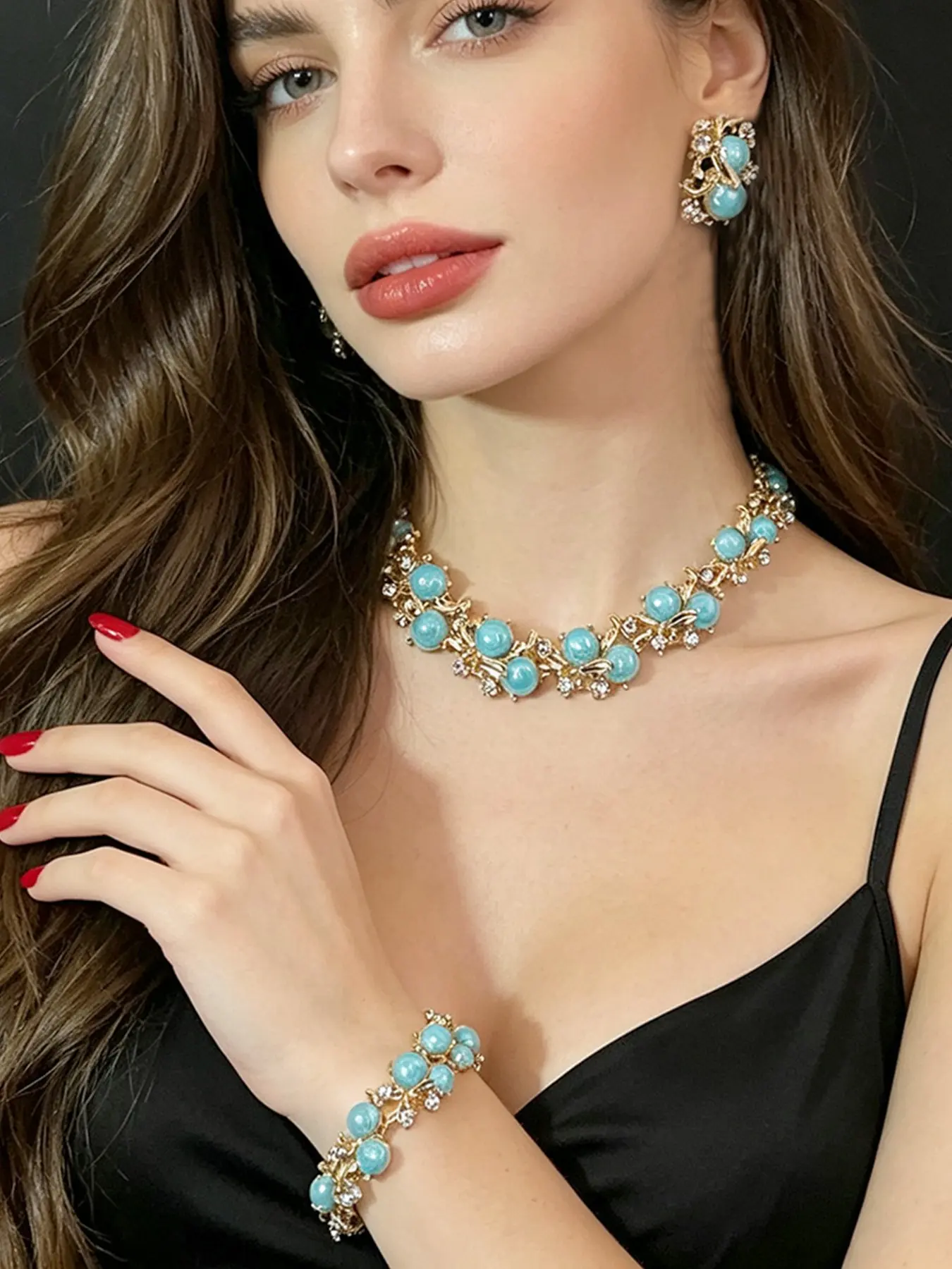 Women's Synthetic Opal and Rhinestone Costume Jewelry Set, 3-Piece (necklace, Bracelet, Earrings), Elegant Pearl Floral Theme, Jewelry Gift Set