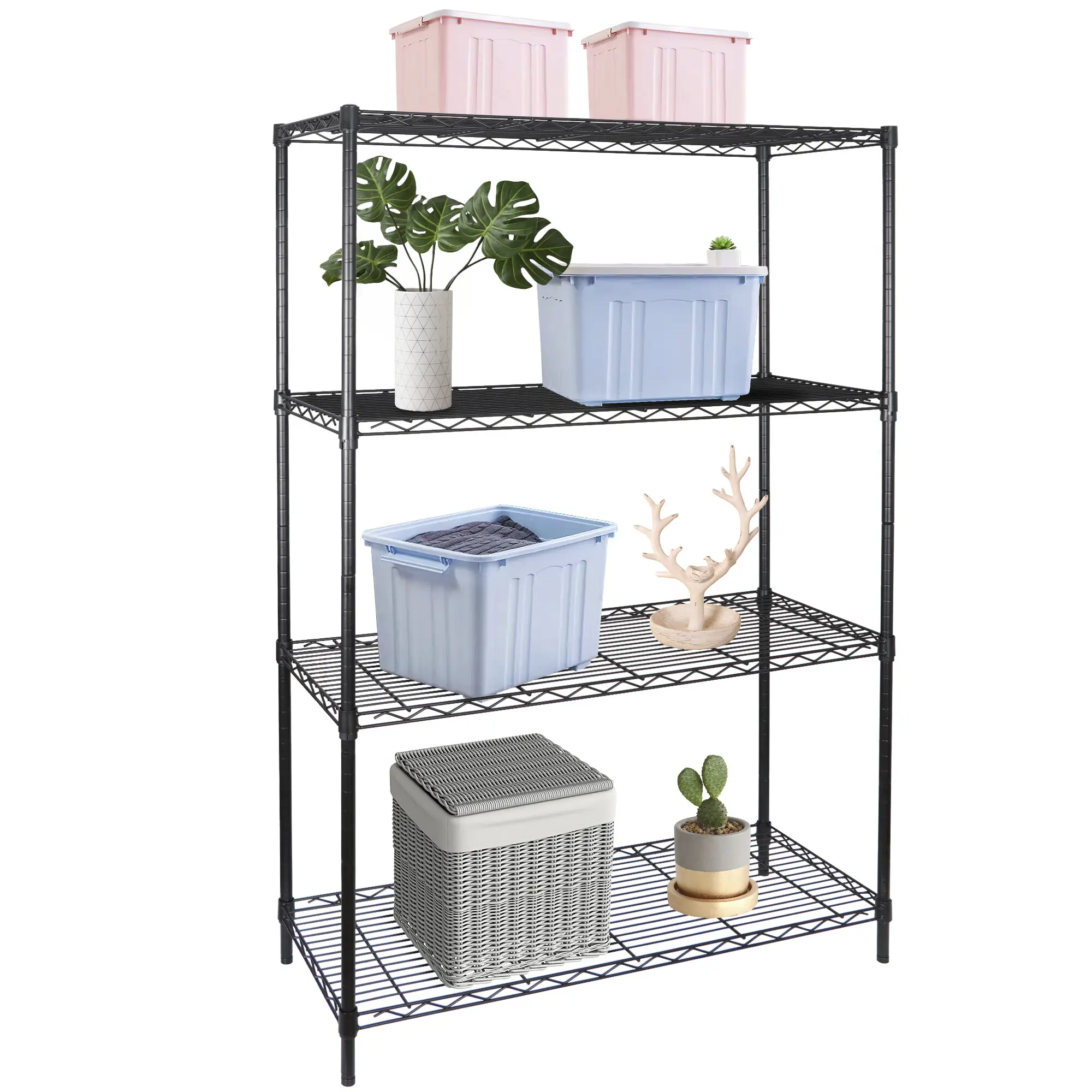 Segawe 4-Shelf Heavy-Duty Steel Wire Storage Shelving Unit, Adjustable Height Display Racks, Metal Organizer for Kitchen, Garage (Black Plastic Construction), Shelves,summerwins
