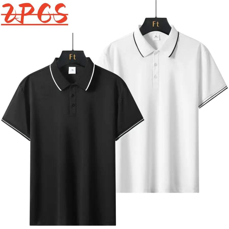 Two tone men’s polo shirt featuring a notched collar, styled for business casual wear. A classic notched collar paired with white piping adds refined details, while button accents at the placket create a clean, streamlined look. Short sleeves make it suit