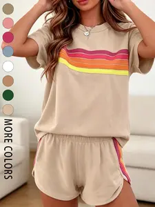 Two-piece women's fashion casual sportswear set, loose and slim-fit with rainbow striped design, perfect for summer, vacations, indoor, and outdoor wear