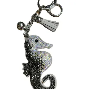 Gray Seahorse Bag Charm or Keychain with Sparkling Rhinestones & Tassel Accents for Stylish Accessories