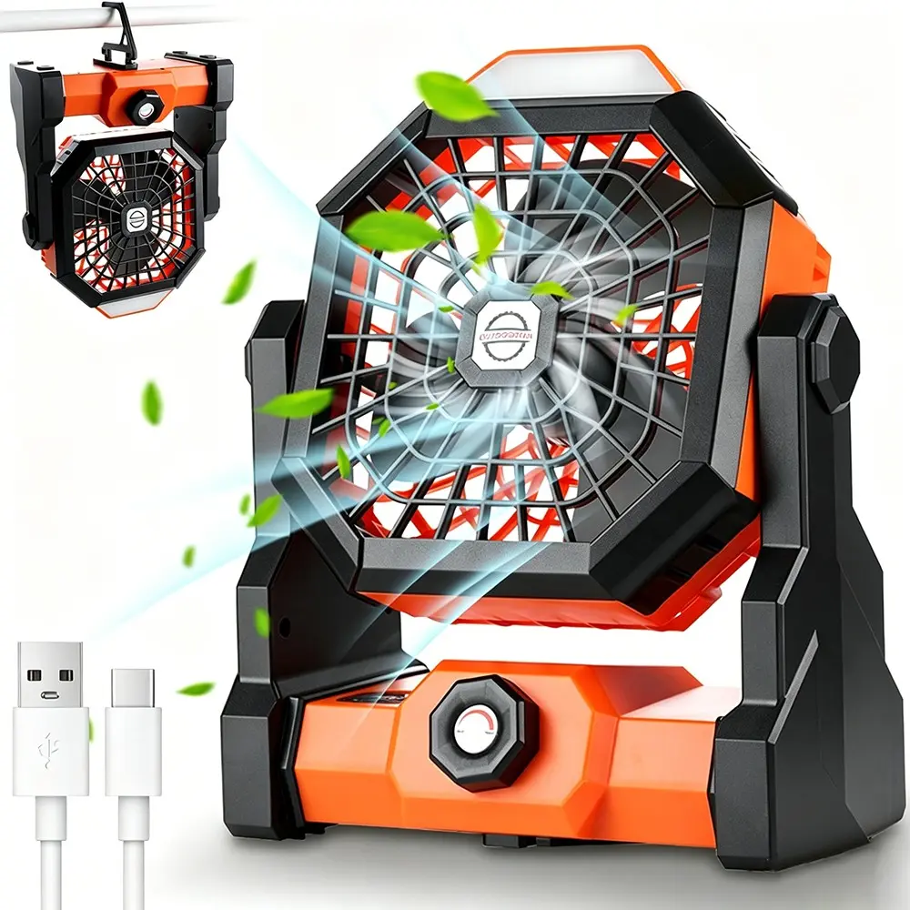 Camping Fan with LED Light, Multifunctional Cooling Fan, Rechargeable Quiet Tent Fan with Hanging Hook, Long Runtime, 270° Adjustable Cooling Fan, Stepless Speed Control for Outdoor Camping, Indoor Work Cooling, Lighting Tool, Silent Adjustable Fan