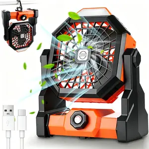 Camping Fan with LED Light, Multifunctional Cooling Fan, Rechargeable Quiet Tent Fan with Hanging Hook, Long Runtime, 270° Adjustable Cooling Fan, Stepless Speed Control for Outdoor Camping, Indoor Work Cooling, Lighting Tool, Silent Adjustable Fan