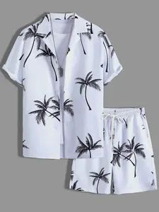 Men's Tropical Palm Tree Print Outdoor Casual Set - Short-Sleeve Shirt (Rolled Cuffs) + Drawstring Shorts, Breathable Lightweight Material, Relaxed Oversize Fit, Pattern, Wrinkle-Resistant, Suitable for Summer Outdoor Activities, Loose Fit Set