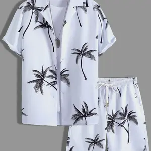 Men's White & Black, Tropical Palm Tree Print Loungewear Set, Shorts Pyjama Set - Short-Sleeve Button-Up Shirt (Rolled Cuffs) + Drawstring Shorts, Ultra-Soft Smooth Fabric, Relaxed Oversize Fit, Perfect for At-Home Lounging, Lazy Weeke