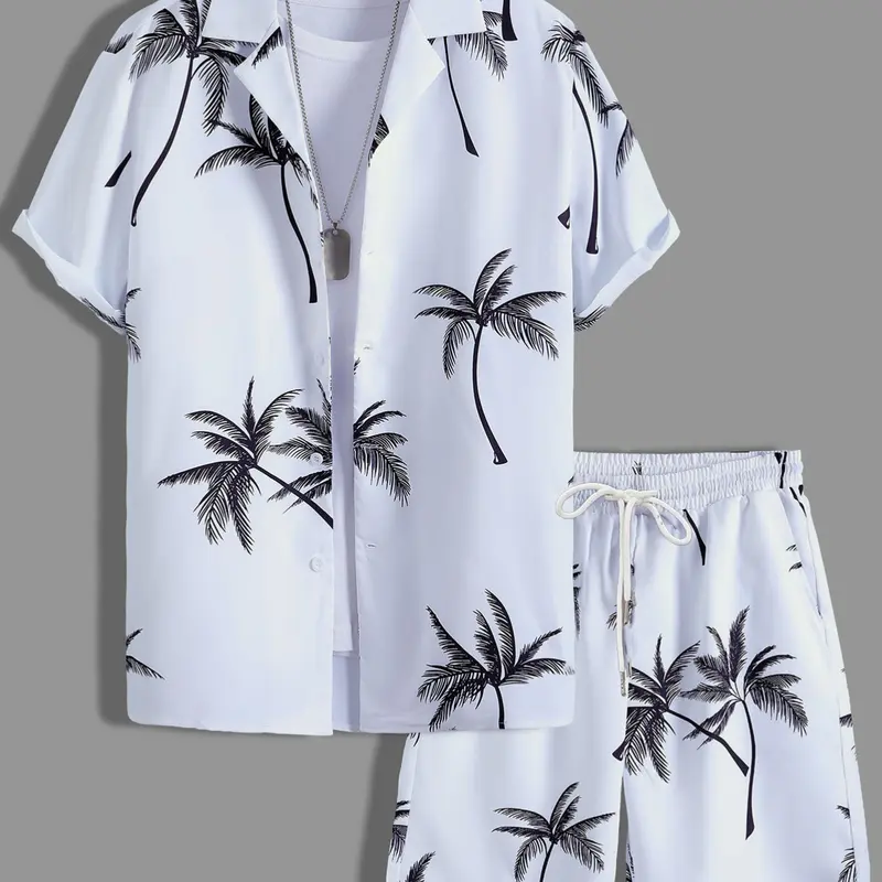 Men's White & Black Tropical Palm Tree Print Loungewear Set, Pajama Set, Pjs, Lounge Sets - Short-Sleeve Button-Up Shirt (Rolled Cuffs) + Drawstring Shorts, Ultra-Soft Smooth Fabric, Relaxed Oversized Fit, Perfect for At-Home Lounging, Pyjamas