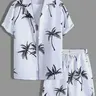 Men's White & Black Tropical Palm Tree Print Loungewear Set, Pajama Set, Pjs, Lounge Sets - Short-Sleeve Button-Up Shirt (Rolled Cuffs) + Drawstring Shorts, Ultra-Soft Smooth Fabric, Relaxed Oversized Fit, Perfect for At-Home Lounging, Pyjamas
