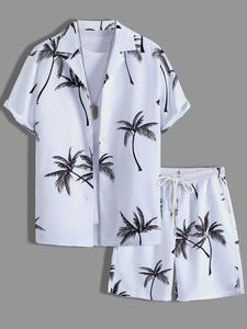 Men's White & Black Palm Tree Print Luxury Loungewear Set - Short-Sleeve Button-Up Shirt (Rolled Cuffs) + Drawstring Shorts, Ultra-Soft Smooth Fabric, Relaxed Oversize Fit, Perfect for At-Home Lounging, Evening Movie Nights, Casual Home Brunch, Lazy Weeke
