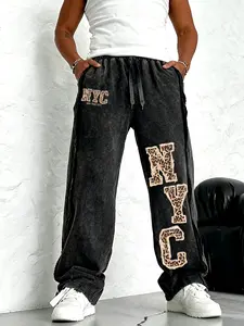 Men's Casual Sporty Long Pants, Leopard Print New York Pattern, Drawstring Side Hem, Loose Fit, Comfortable All Season Wear, Casual Comfy Trouser