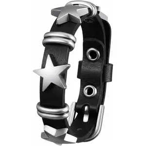 Punk Leather Bracelets, 1 count  Gothic Studded Bracelet With Alloy  Studs And Belt Buckle, Leather Cuff Wristband For Women & Men