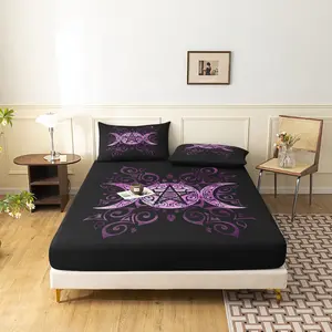 3pcs Set Black Background Purple Triple Moon Pentagram Digital Printed Fitted Sheet, Gothic Tribal Floral Bedding For Home Bedroom Dormitory And Hotel Use (1 Fitted Sheet + 2 Pillowcases No Comforter No Pillow)