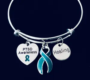 Silver Bracelet with Teal Ribbon for PTSD Awareness - One Size Fits All Healing Jewelry, Adjustable, Gift Options Available