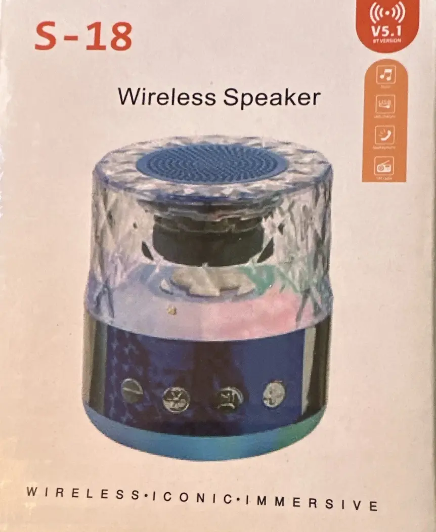 S-18 Wireless Bluetooth 5.1 Speaker, Blue/Clear Cylinder, Bluetooth/Wireless