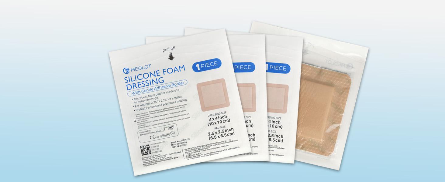 Silicone Foam Dressing with Border, 4"x 4" (2.5”x2.5” Pad), 5 Count, Sterile Adhesive Wound Dressing for Bed Sores, Leg Ulcers, Highly Absorbent, Waterproof Wound Care Bandage Silicone Foam Dressing with Border, 4"x 4" (2.5”x2.5” Pad), 5 Count, Sterile Adhesive Wound Dressing for Bed Sores, Leg Ulcers, Highly Absorbent, Waterproof Wound Care Bandage