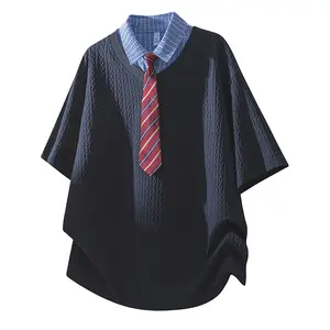 New summer men’s shirt featuring a faux two-piece collar design; short sleeves, patchwork styling, ice silk fabric for cooling, heat resistance, quick-drying, loose fit—ideal for students, youthful style, versatile for everyday casual wear and commuting.