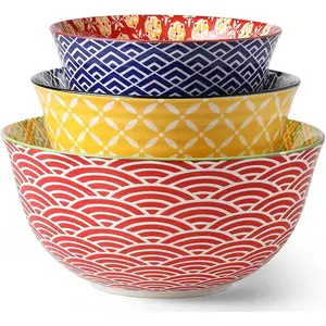 Ceramic Mixing Bowls for Kitchen, Colorful Nesting Bowls, Large Serving Bowls for Prepping, Baking, Mixing, Salad, Microwave Dishwasher Safe, 3.7/2.3/1.4 Qt, Set of 3