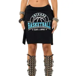 Women's Chicago Basketball Print Tshirt with Sleeve & Midaxi Skirt Side Splits Vintage Sports Graphic