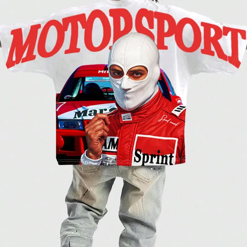 Men's Race Car & Hand Print Round Neck Tee, Regular Fit Casual Short Sleeve T-shirt for Summer, Casual Graphic Design, Men's Top for Daily Wear, Casual Streetwear Top, Casual Trendy Tee, Casual Summer Clothing