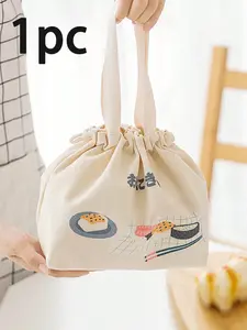 Cartoon Portable Lunch Bag, Reusable Drawstring Picnic Bag, Japanese Bento Box, Canvas Backpack, Ideal for Students and Office Workers