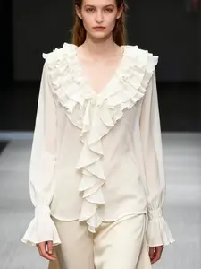 French Ruffled Ruffle V Neck Lightweight Chiffon Top Blouse, Soft Style Lantern Sleeve Semi-Transparent Long Sleeve Shirt, Chic Elegant Women's Fashion Apparel