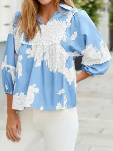 Imily Bela Womens Floral Peplum Babydoll Tops 3/4 Puff Sleeve Pleated Blouse Cute Casual V Neck Loose Fit Flowy Boho Shirts
