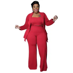 Plus-size women’s suits featuring a business open-front long-sleeve blazer paired with solid straight-leg pants and an elastic waist; curvy cocktail elegance; chic, comfortable casual evening wear available in black and blue; can be worn with a raincoat.