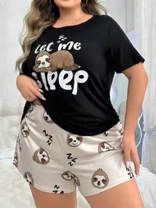 Women's Cute Sloth Print Pajama Set, Comfortable Fabric Round Neck Short Sleeve + Loose Shorts, Casual Home Wear