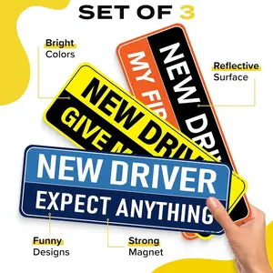 3-Pack New Student Driver Magnet for Car, Metal Only, Funny Please Be Patient, Reflective Magnetic Bumper Sticker, Windshield Sticker, Removable Rookie Safety Signs