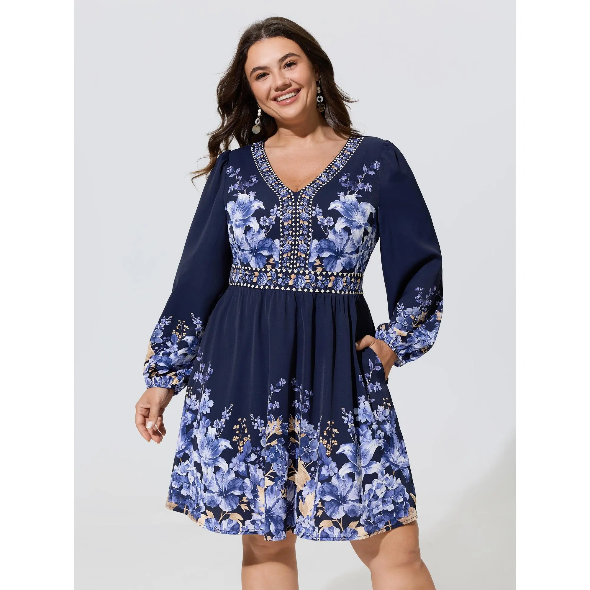 BLOOMCHIC Plus Size Floral Print V‑Neck Elastic Waist Mini Dress[M-6X] Summer Finds
