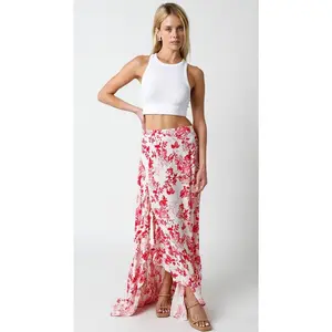 Hildee Floral Cascading Ruffle Maxi Skirt - Red/White
