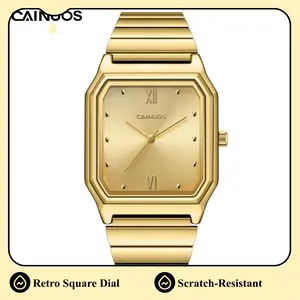 CAINUOS 5038G Men's 40mm Retro Square Quartz Watch - 9.5mm Slim Stainless Steel Band with Stacked Safety Buckle, Low-Profile All-Metal Long-Lasting Luxurious Casual Business Everyday Timepiece, Square Quartz Watches Gift Choice, Luxurious Quartz Watches