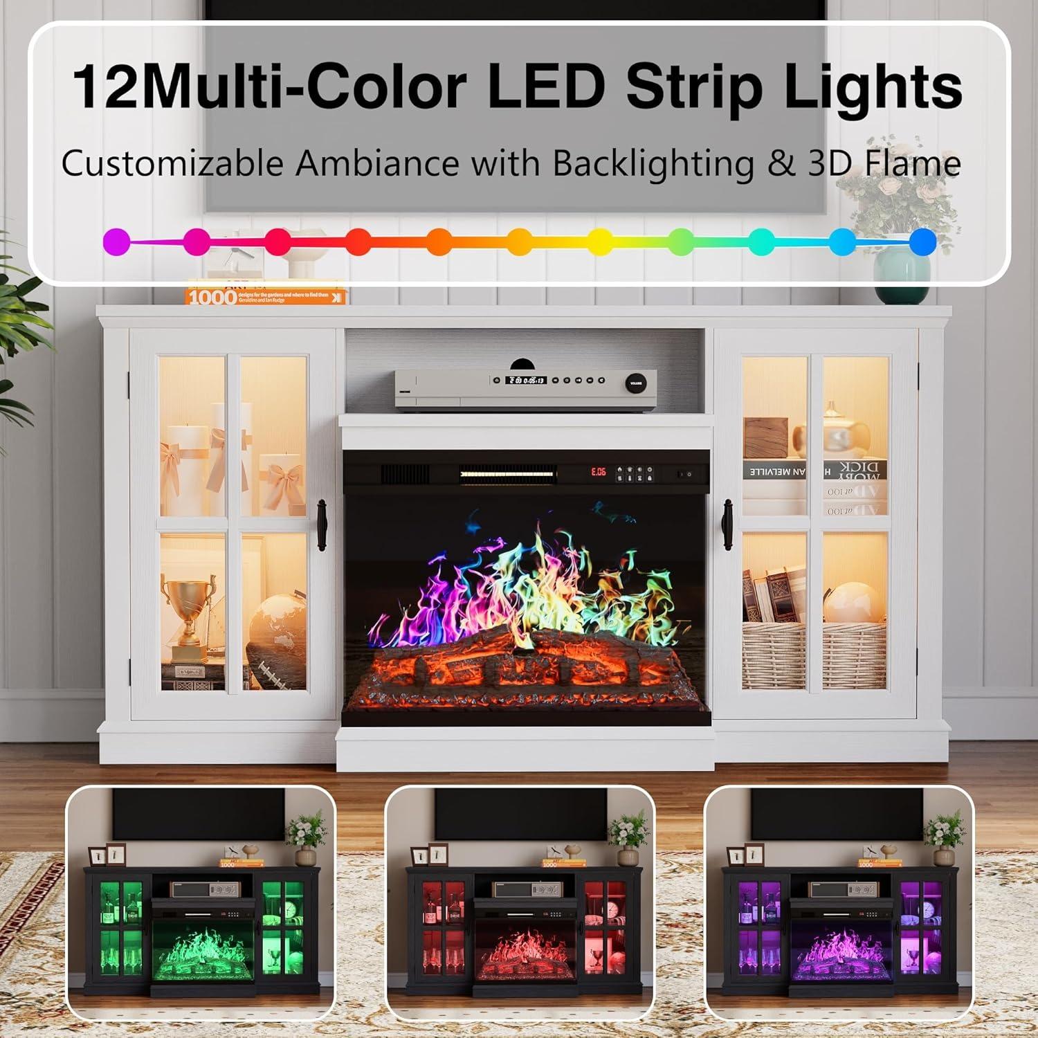 FURMAX Glass Fireplace TV Stand for Televisions up to 65", Media Entertainment Center Console Table with Led Lights