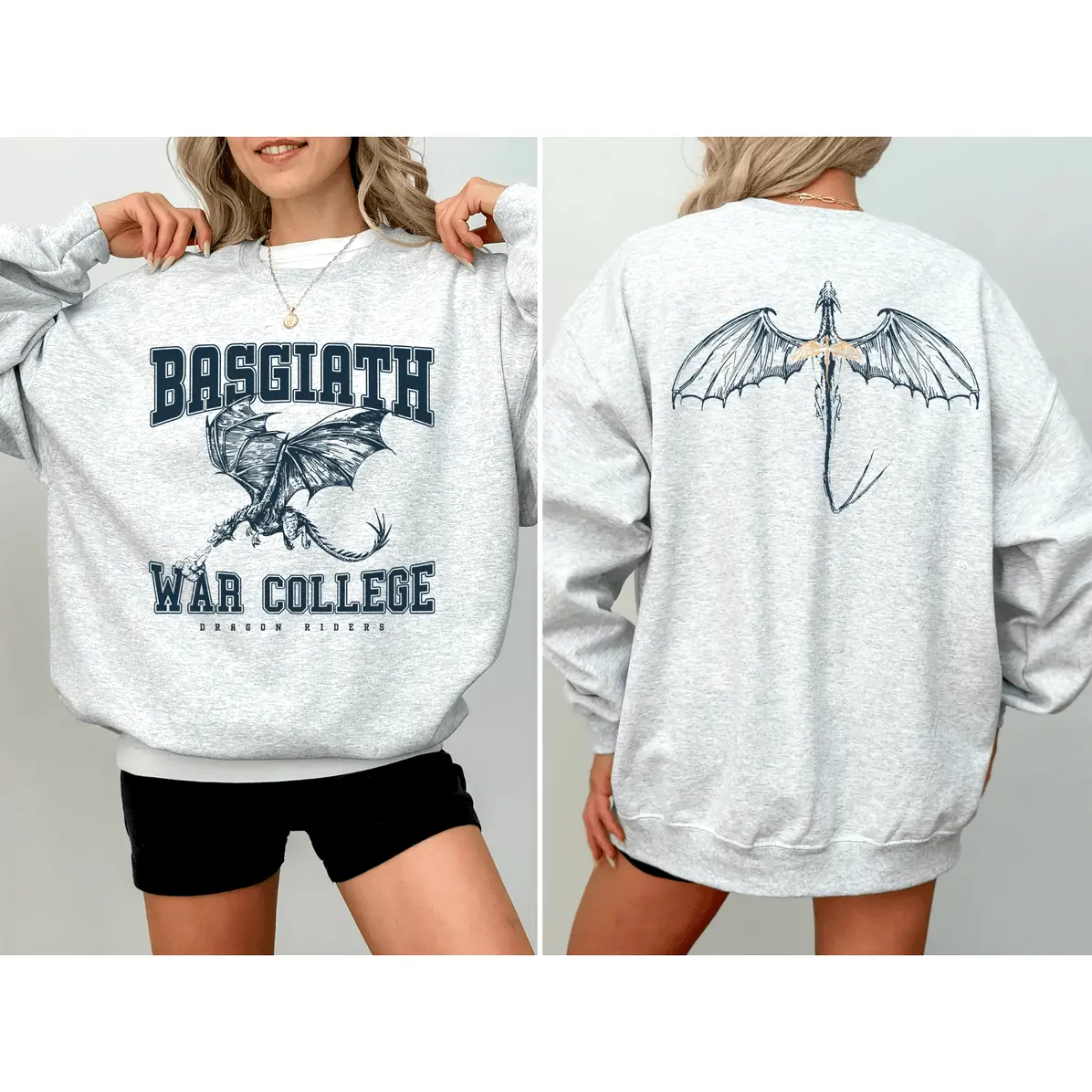 Women's Fourth Wing Crewneck Sweatshirt, Loose Fit Vintage Bookish Top with 2-Sided Dragon Graphic, Cotton Blend Pullover, Hoodie