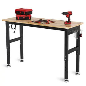 48‘’/60" Adjustable Work Bench with Power Outlet, Rubber Wood Top Work Table, Heavy Duty Work Bench, 2000 LBS Capacity, Workbench with Pegboard, Hooks, Garage Workbench for Workshop,Home,Office,Father'sDayGift