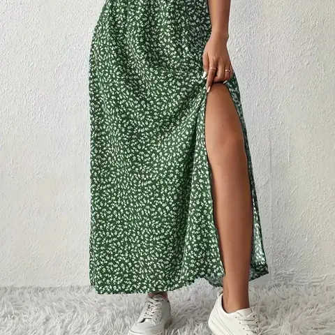 Women's Chic Cute Bohemian High-Waisted Flowy Floral Long Maxi Skirt with Slit - Comfy Fabric, Fitted Cut, Women's Clothing, Resort Wear, Party, Work Bottoms