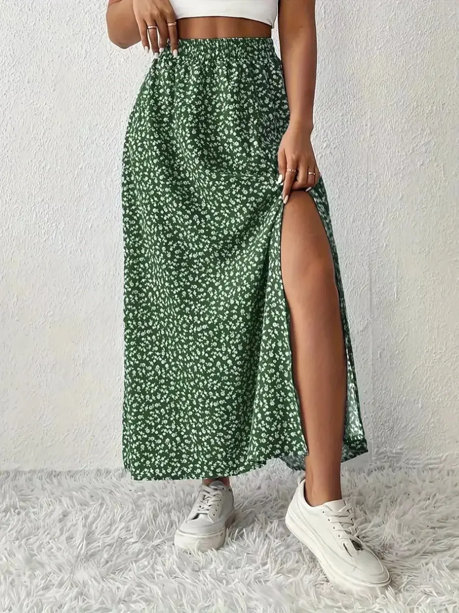Women's Fashion High-Waisted Flowy Floral Maxi Skirt with Slit - Comfy Fabric Bottom, Cute Casual Bohemian Outfit for 2026, Fitted for Daily Wear