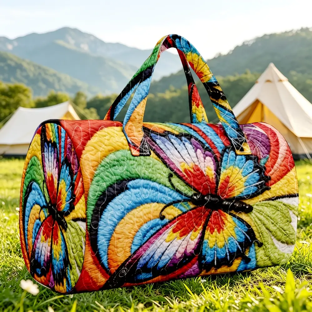 1pc Colorful Butterfly Swirl Pattern Quilted Boston Handbag, Butterfly Rainbow Spiral Theme Psychedelic Art Style Travel Tote Bag, Suitable for Women Who Love Vibrant Color Schemes, Halloween Thanksgiving Christmas Holiday Gift with Random Print