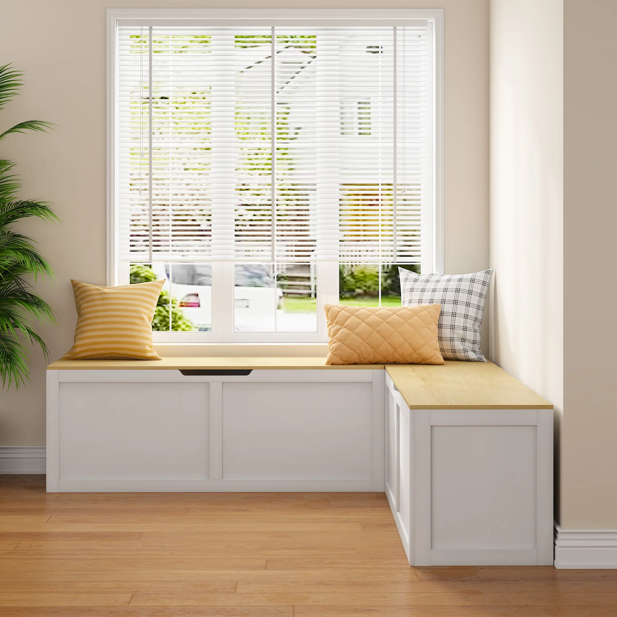 L-Shaped Storage Bench with Lift Top Hidden Seat, Space-Saving Corner Breakfast Nook for Kitchen Dining Room, Backless, White & Light Wood，63.8”D x 63.8”W x 19.9”H