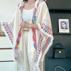 Knitted Hollow Out Ethnic Style Hooded Shawl for Women Outdoor Travel Shooting Pullover Shawl Cape