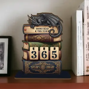 Custom Books Read This Year Tracker – Wooden Dragon and Books Library Sign, Fantasy Book Counter, Personalized Gift for Readers, Book Lover