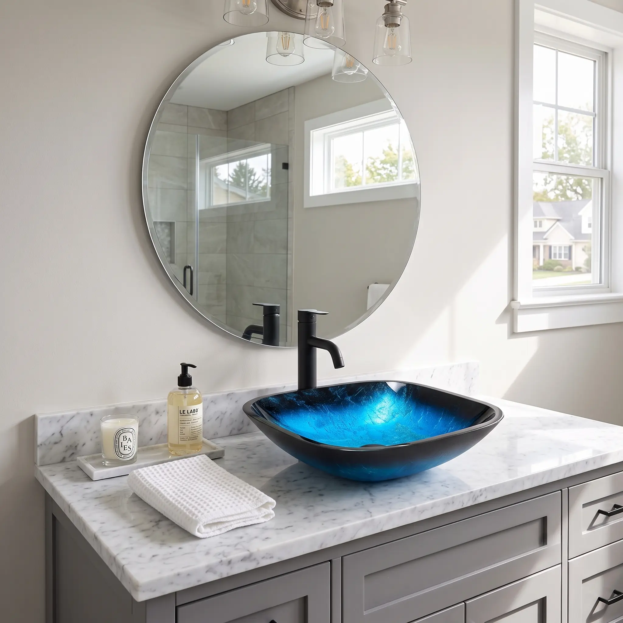 Logmey 16" Square Blue Gradient Tempered Glass Vessel Sink Complete Kit, Modern Art Above-Counter Bathroom Vanity Sink with Matte Black Faucet, Fast Draining Pop-Up Drain for Powder Rooms
