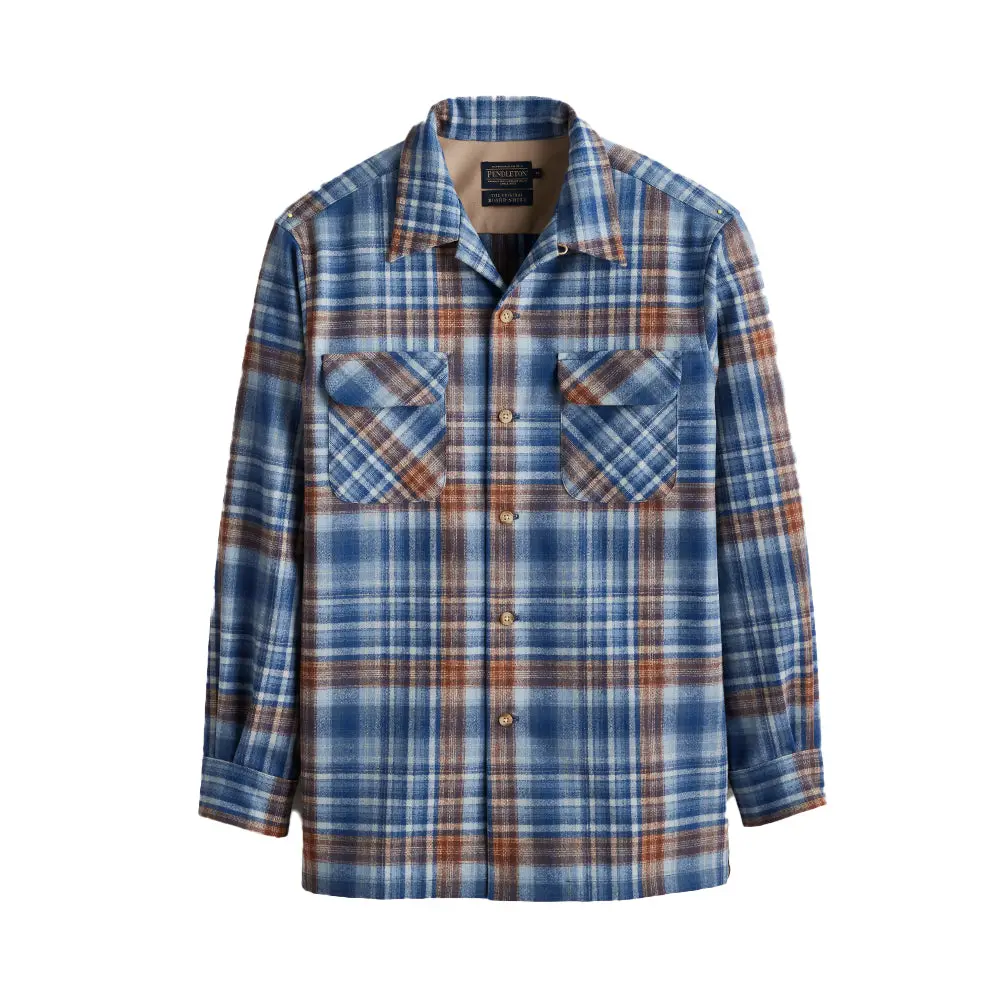 Pendleton Men's Collared Long Sleeve Board Shirt, Blue-Tan Ombre Virgin Wool Fabric, Bias Cut, Tall Fit, Size 24in