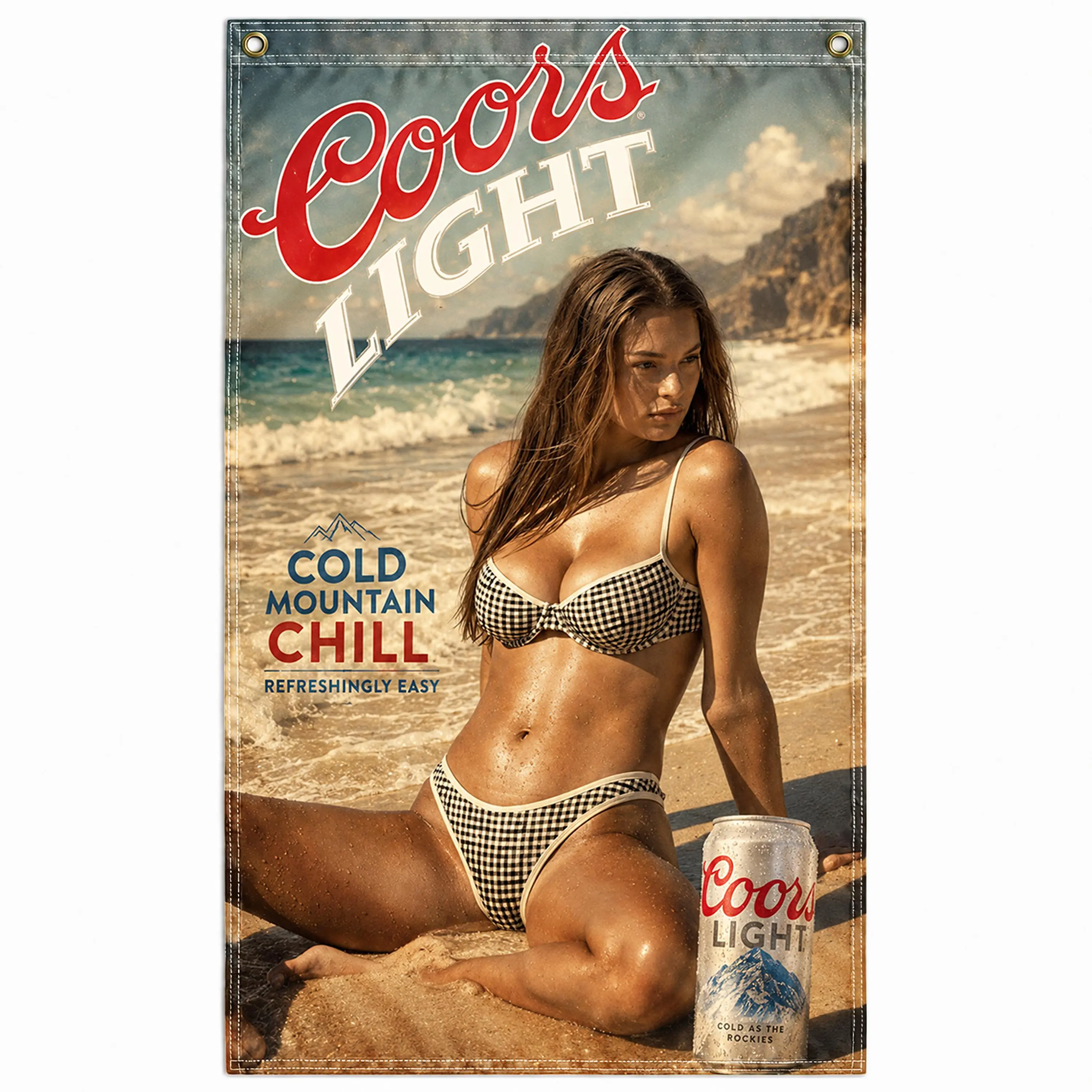 Coors Beach Girl Flag, Cold Mountain Chill Vintage Poster Banner with Brunette in Checkered Bikini, Ocean Waves and Sandy Beach Artwork, Retro Man Cave, Garage, Home Bar, Beach House Décor
