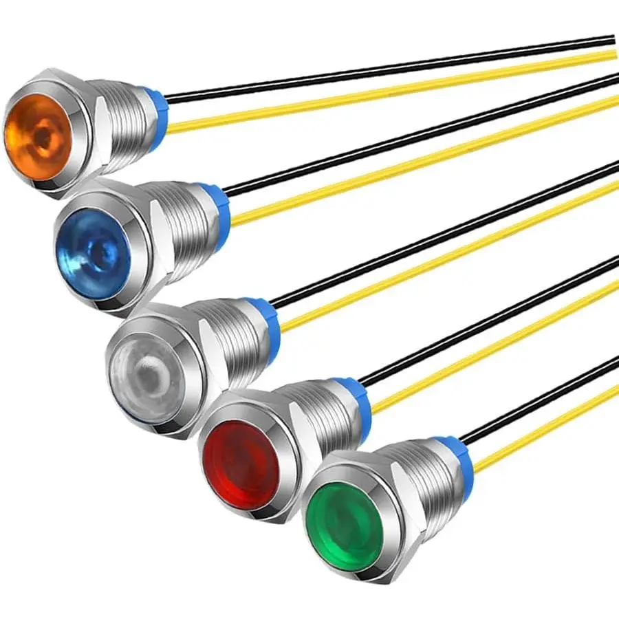 5Pcs 10mm 110V-220VAC LED Metal Indicator Light Waterproof Signal Lamp (Green/Orange/Red/Blue/White 5Pcs)