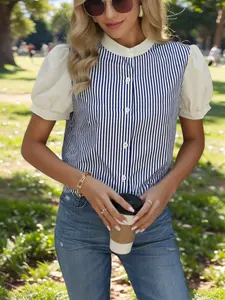 French Romantic Fashion Fresh Blue Striped Patchwork Bubble Sleeve Shirt, Stand Collar Single Button Top, Spring Summer Casual Comfort