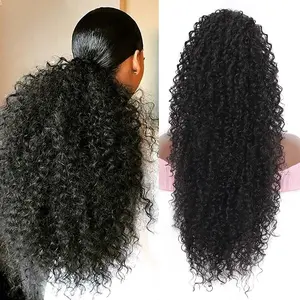 27" Drawstring Ponytail Deep Curly Heat Resistant Human Hair Blended Instant Clip Ponytail Extension Protective Style Afro Kinky Curly Hair Pieces for Women