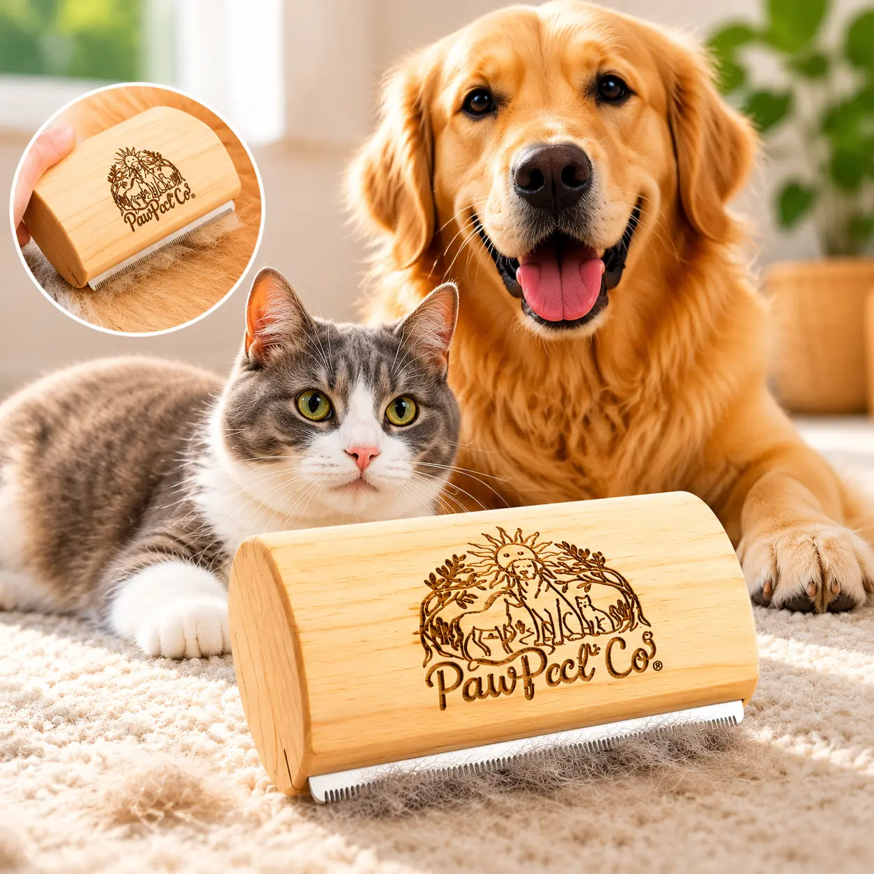 Natural Eco-Friendly Rustic Wooden double-sided Deshedding Pet Brush - Groomer Tools for Dog & Cat Hair Care, Clean Holiday Essential with Stainless Steel Blade, Extra-Wide Design, Easy Removal for Long & Short Hair, Upgraded Version supplies fur