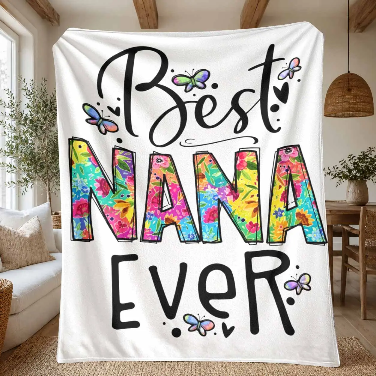 Best Nana Ever Flannel Blanket Colorful Floral Letter and Butterfly Print Soft Warm Lightweight Cozy Throw for Sofa Bedroom Reading Mother's Day Birthday Gift